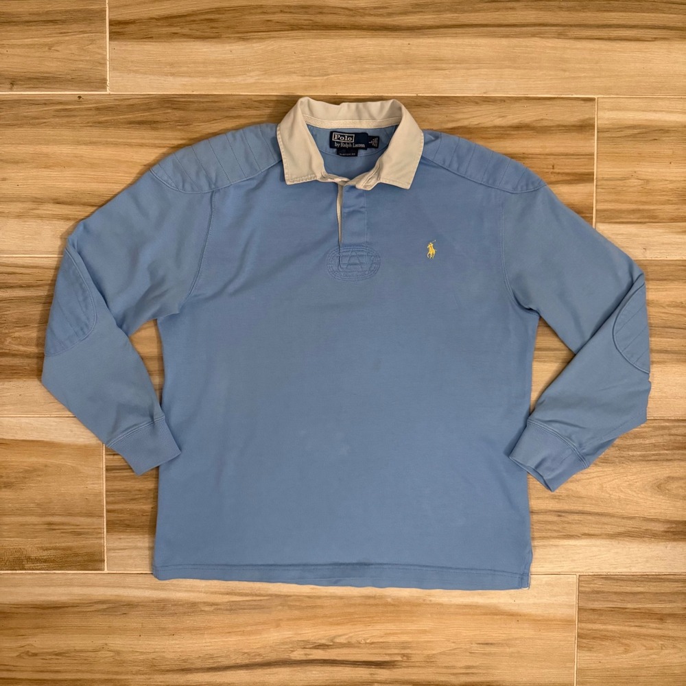 Polo Ralph Lauren Mens Blue Long Sleeve Rugby Shirt Custom Fit Quilted Elbow L